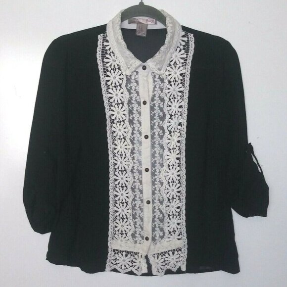 Secretary blouse Black w/ivory lace collared retro Victorian vintage style 60s - Picture 1 of 6